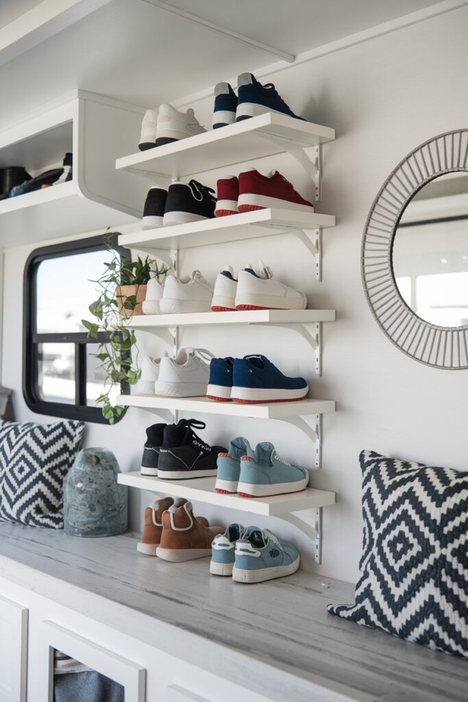 A modern RV mudroom with wall-mounted hanging shoe shelves. The shelves display neatly arranged shoes at different heights, utilizing vertical space effectively. 