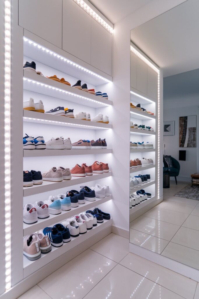 A modern shoe rack illuminated with LED strip lights along the edges. 