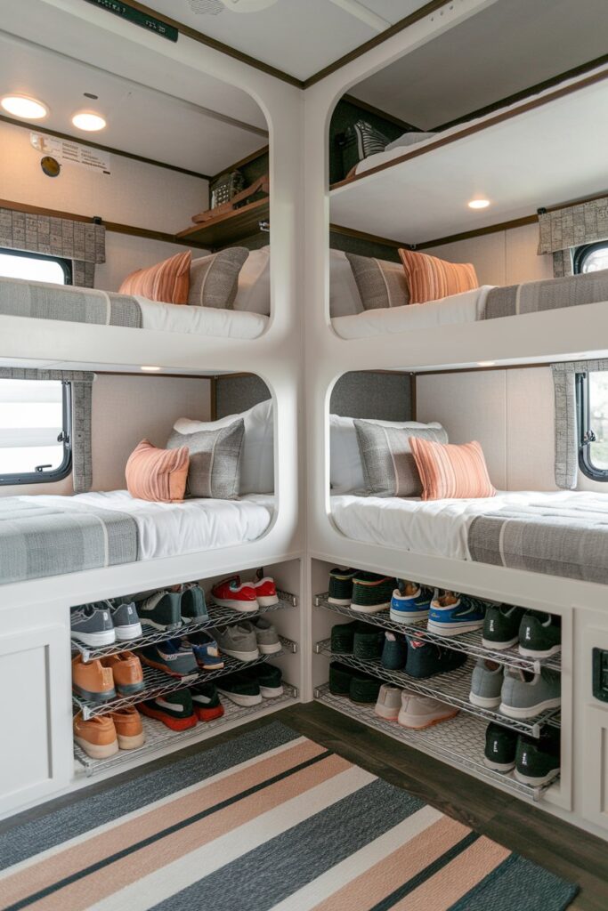 A multi-level RV bunk bed with shoe racks installed underneath each bunk.