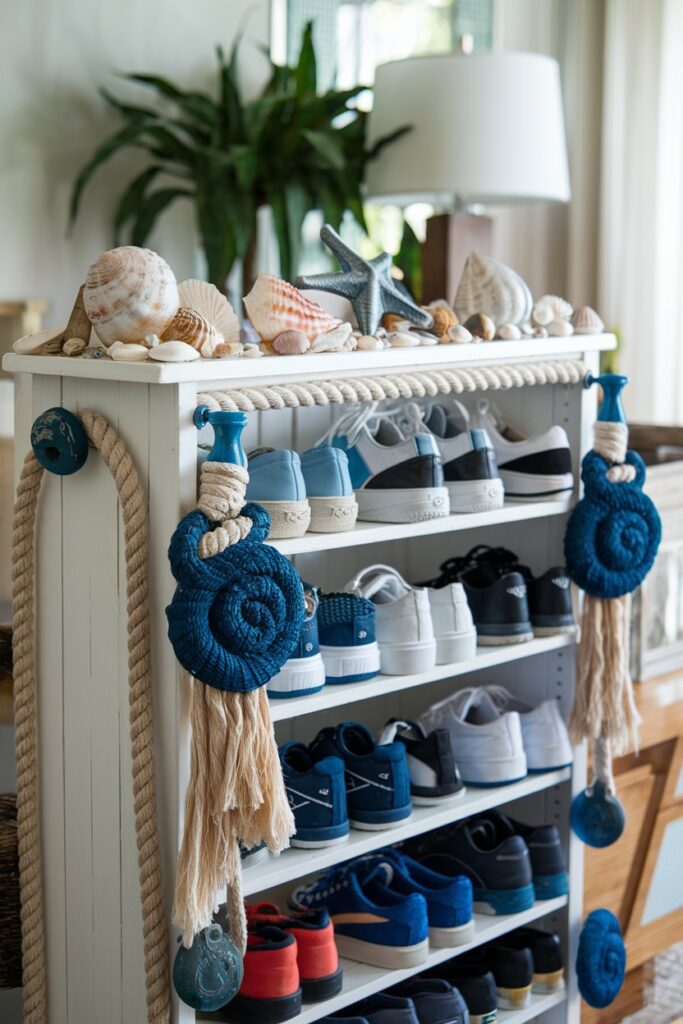 A themed shoe rack decorated with nautical elements, including seashells, rope accents, and marine-themed decor. 