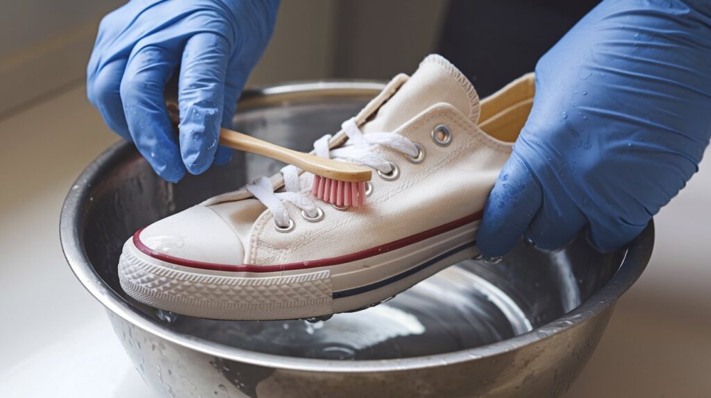 Hands in rubber gloves scrubbing a Converse shoe with a toothbrush and soapy water