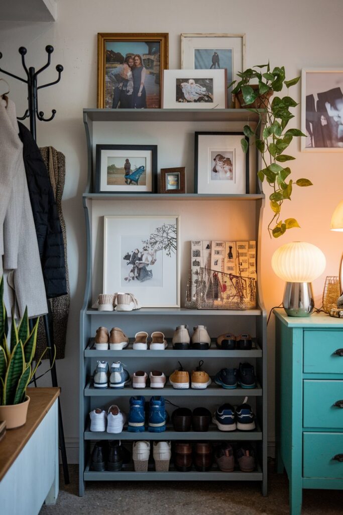 A personalized shoe rack featuring framed family photos and small pieces of artwork alongside the organized shoes.