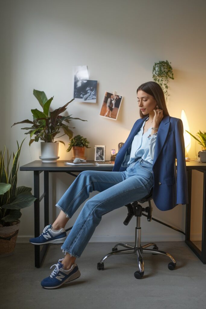 fitted blazer paired with New Balance 574 sneakers