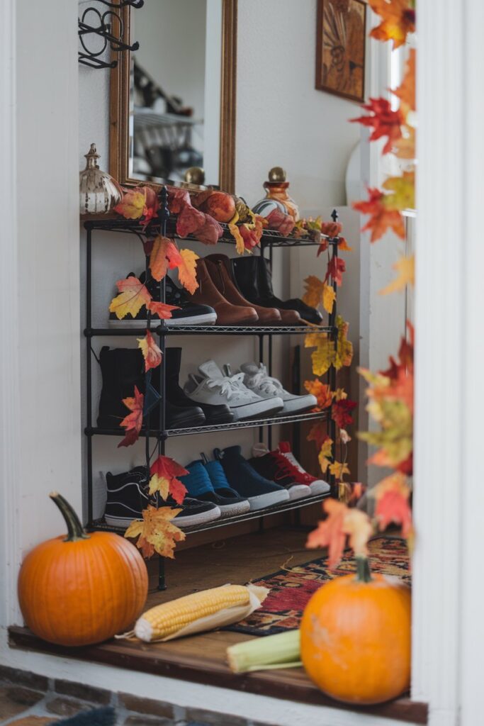 A shoe rack decorated with seasonal ornaments and accessories, such as autumn leaves, winter snowflakes, or spring flowers.