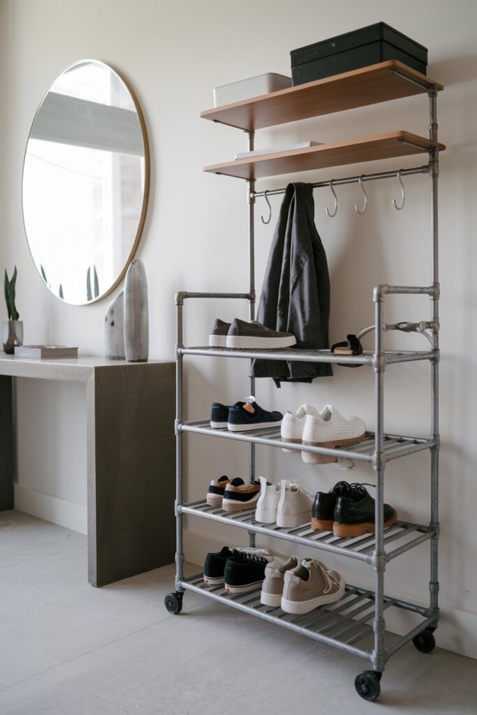 A compact, multi-tiered rolling shoe cart in a small, modern mudroom