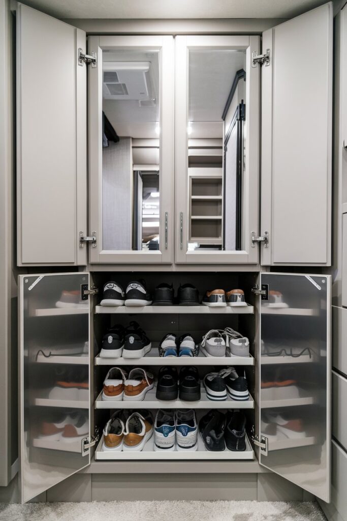 A spacious RV closet with a sleek shoe cabinet featuring hinged doors