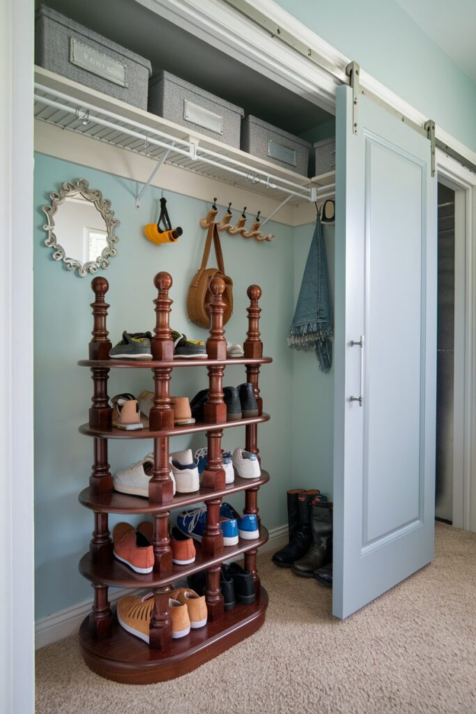 A neat mudroom with clear, stackable shoe bins arranged on a white shelving unit.