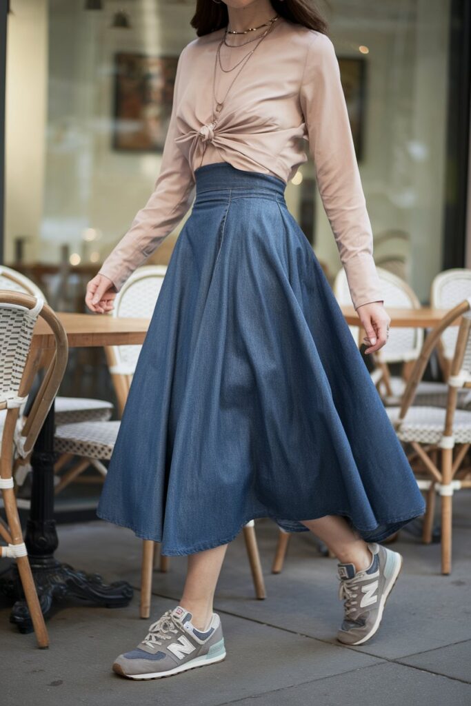 A woman wears a flowy midi denim skirt with a tucked-in blouse, giving her outfit a classic, retro-inspired look