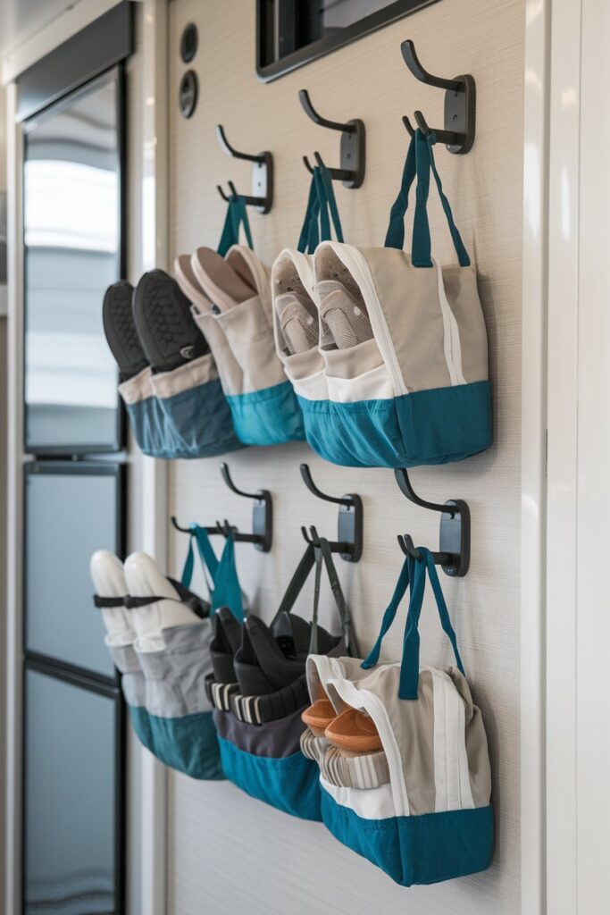 A stylish RV hallway with shoe bags hanging from hooks mounted on the wall