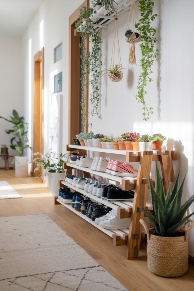 A stylish shoe rack decorated with small potted succulents and hanging air plants