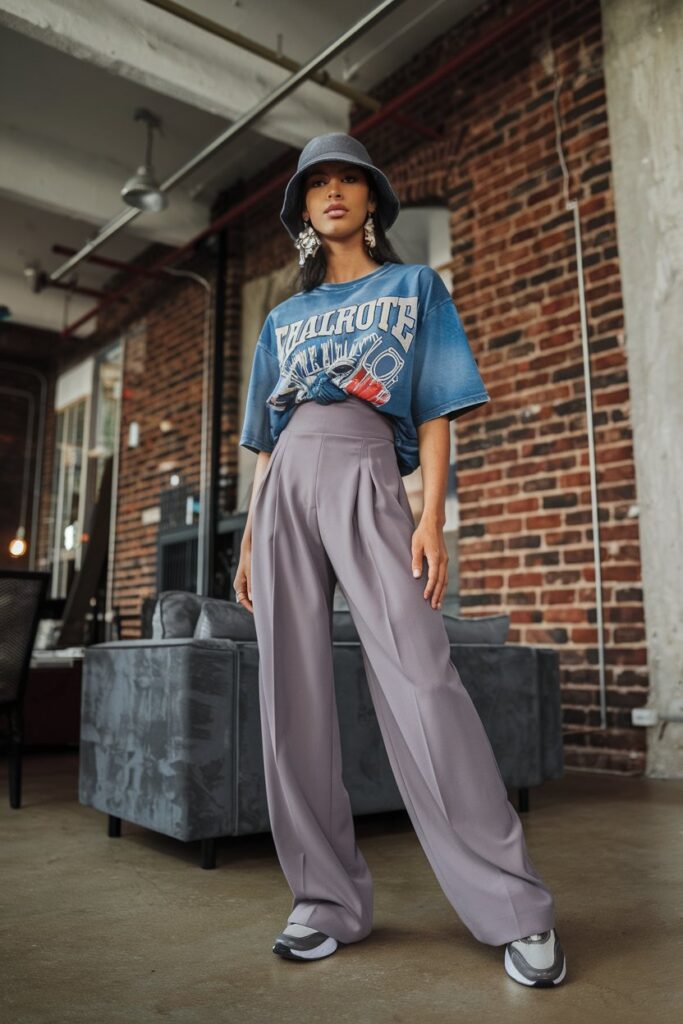 High-Waisted Trousers and Graphic Tee