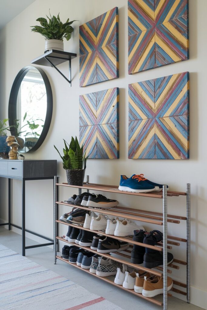 A trendy shoe rack seamlessly integrated with vibrant wall art above it. 