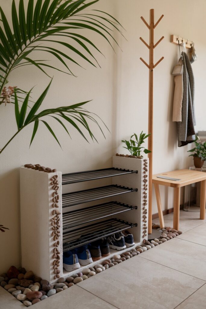 A shoe rack adorned with decorative stones and pebbles around the base and shelves.