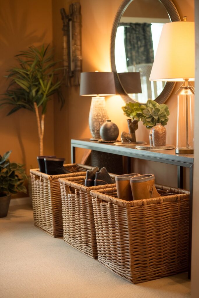 An inviting entryway with large wicker baskets arranged neatly under a console table. Each basket holds a pair of boots