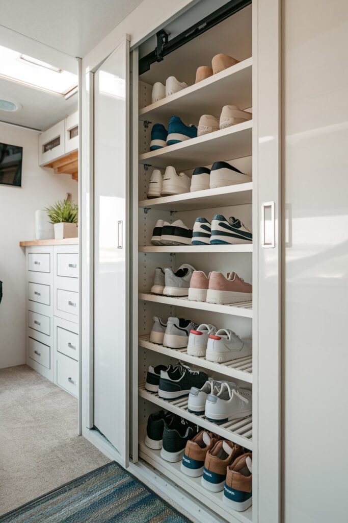 An RV entryway with sliding shoe shelves installed in a narrow closet