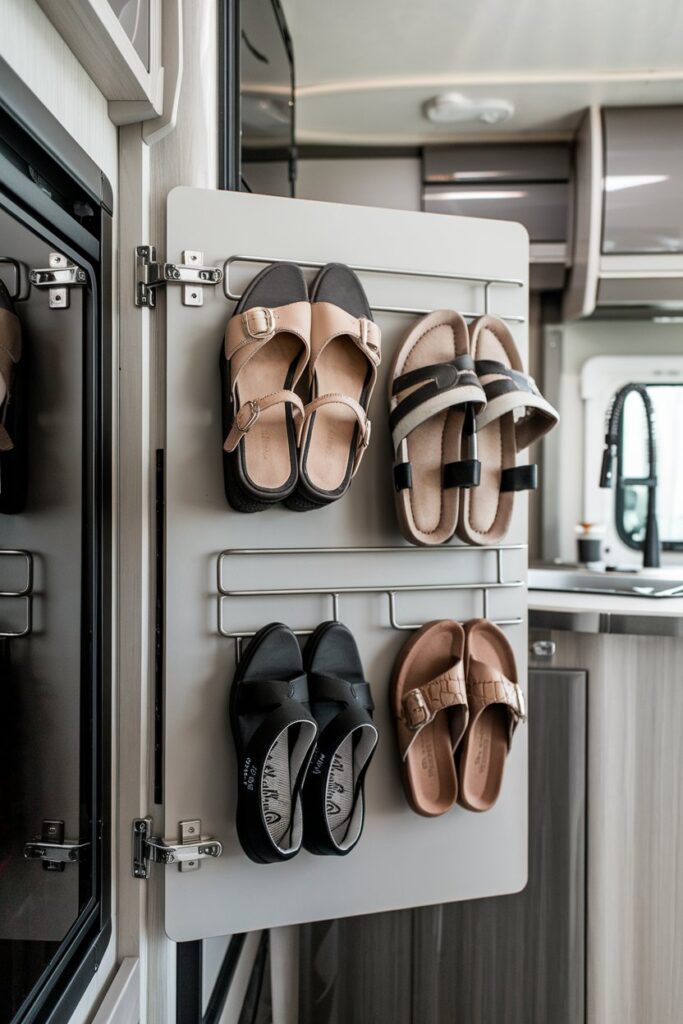 An RV kitchen area with a sleek, metal magnetic shoe strip mounted on the inside of a cabinet door.