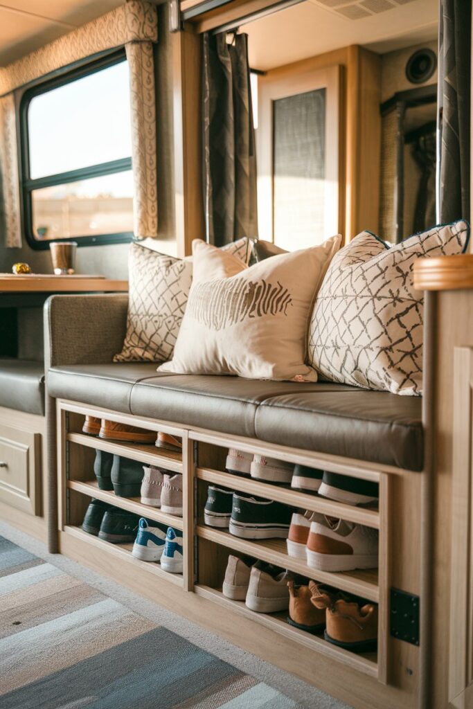 An RV living area featuring a wooden bench with lift-top compartments underneath, storing multiple pairs of shoes