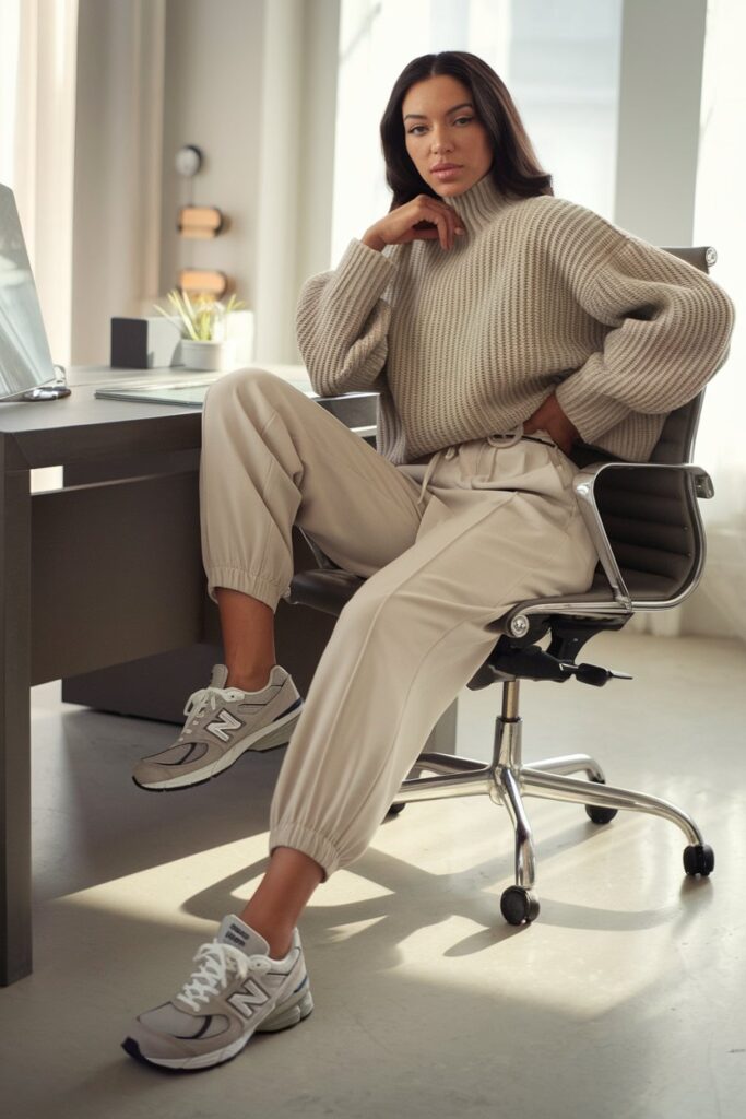 joggers and an oversized, cozy knit sweater in neutral tones, with her New Balance 530 sneakers