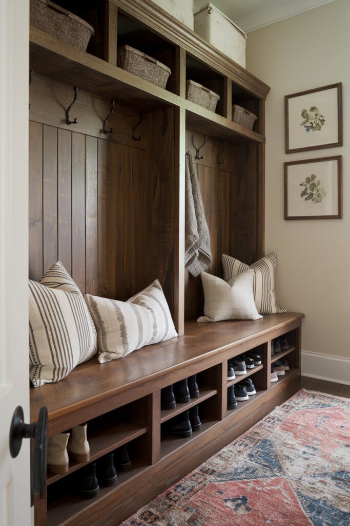 A rustic mudroom with a wooden shoe storage bench featuring distressed finishes and ample storage beneath the seating area