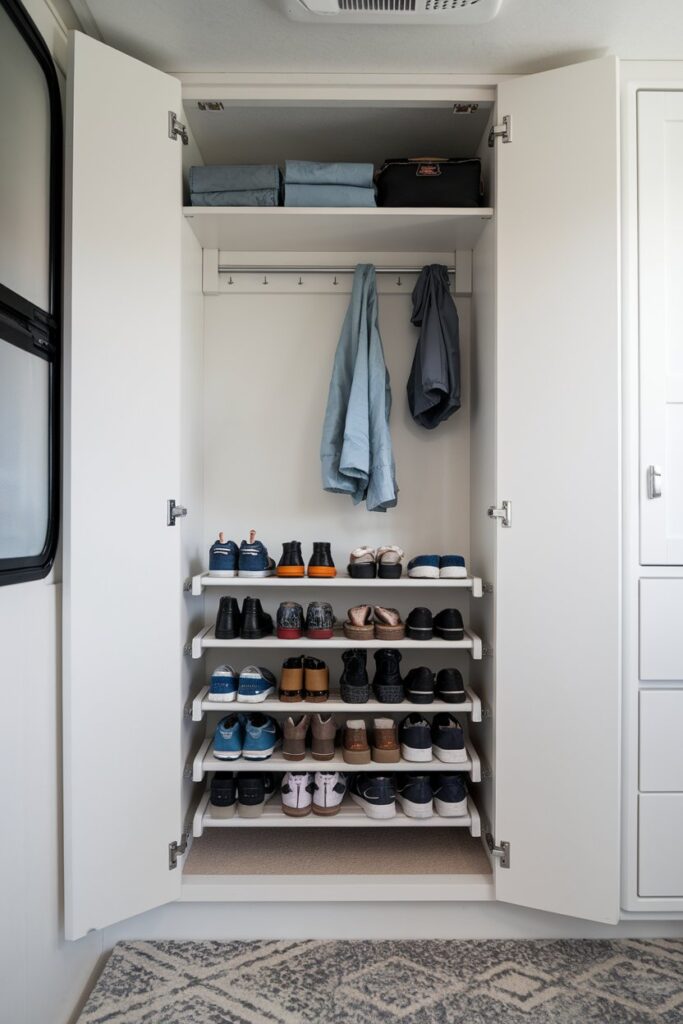 A smartly designed RV entryway featuring fold-down shoe shelves installed inside a closet. 