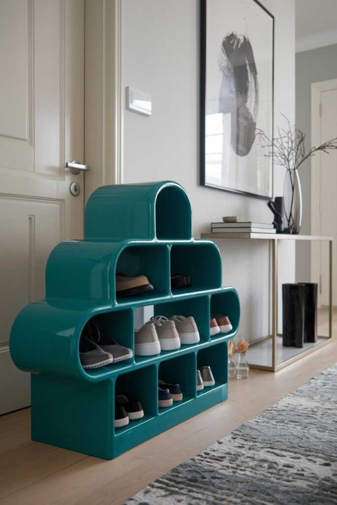 A stylish entryway featuring a shoe rack freshly painted in a vibrant teal color.