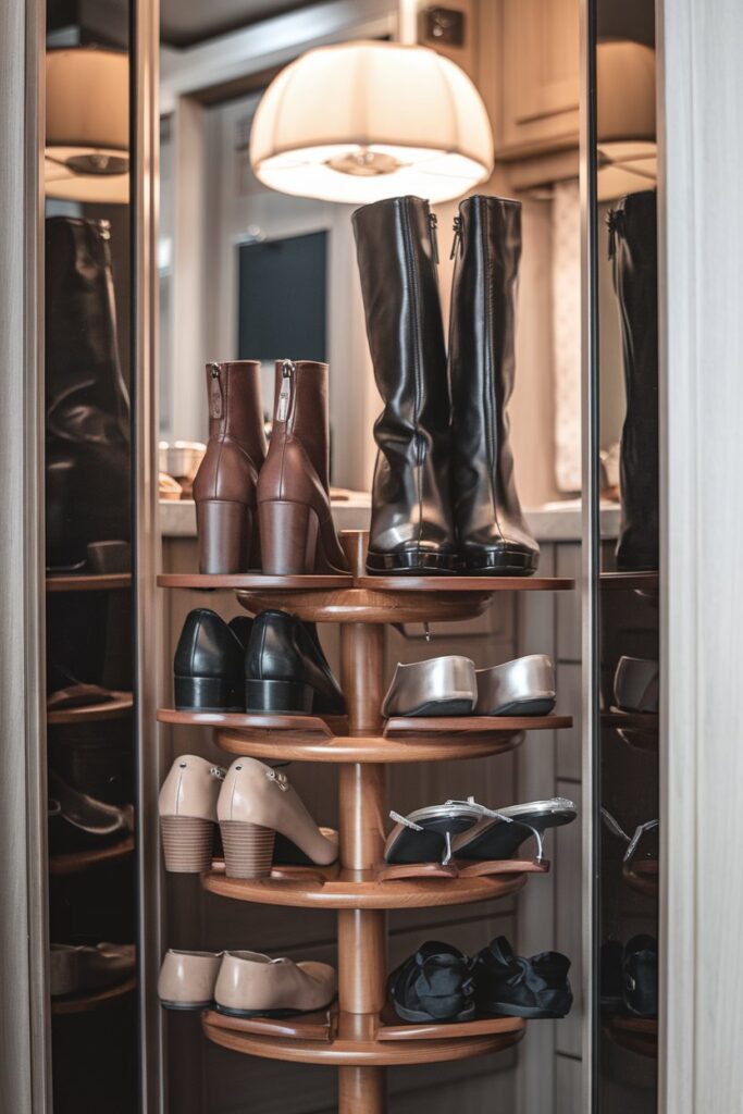 A stylish RV closet featuring a multi-tiered shoe tree holding several pairs of boots and high-heeled shoes upright