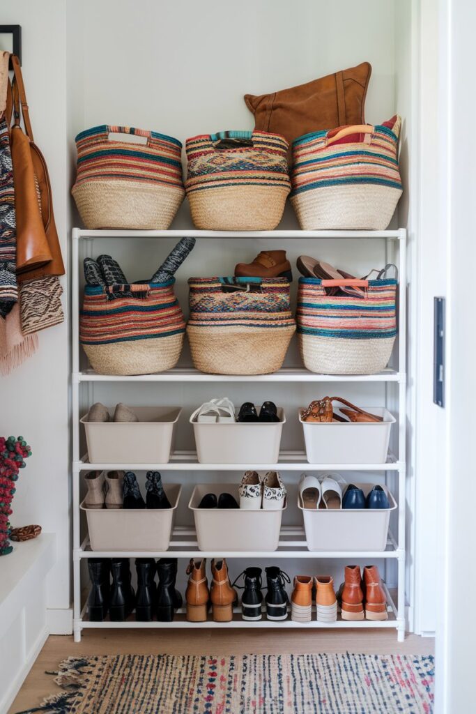 A stylish shoe rack with colorful woven baskets and sleek plastic bins