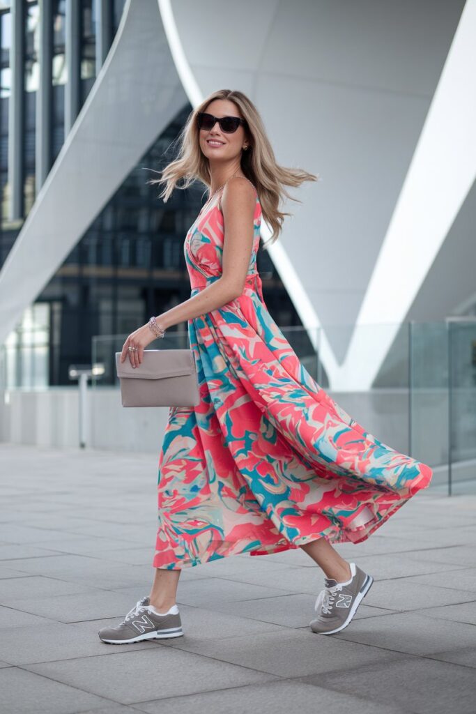 A woman in a vibrant, flowy sundress is paired with classic New Balance 574 sneakers