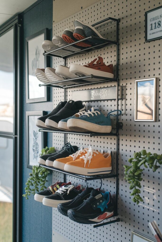 An industrial-style RV interior featuring a wall-mounted pegboard with hooks and small shelves for shoe storage.