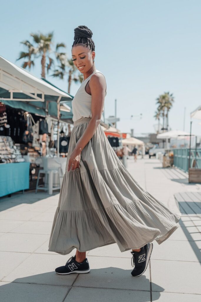  Black woman in a flowy, tiered skirt with a simple tank top. She’s wearing black New Balance sneakers for a sporty edge.