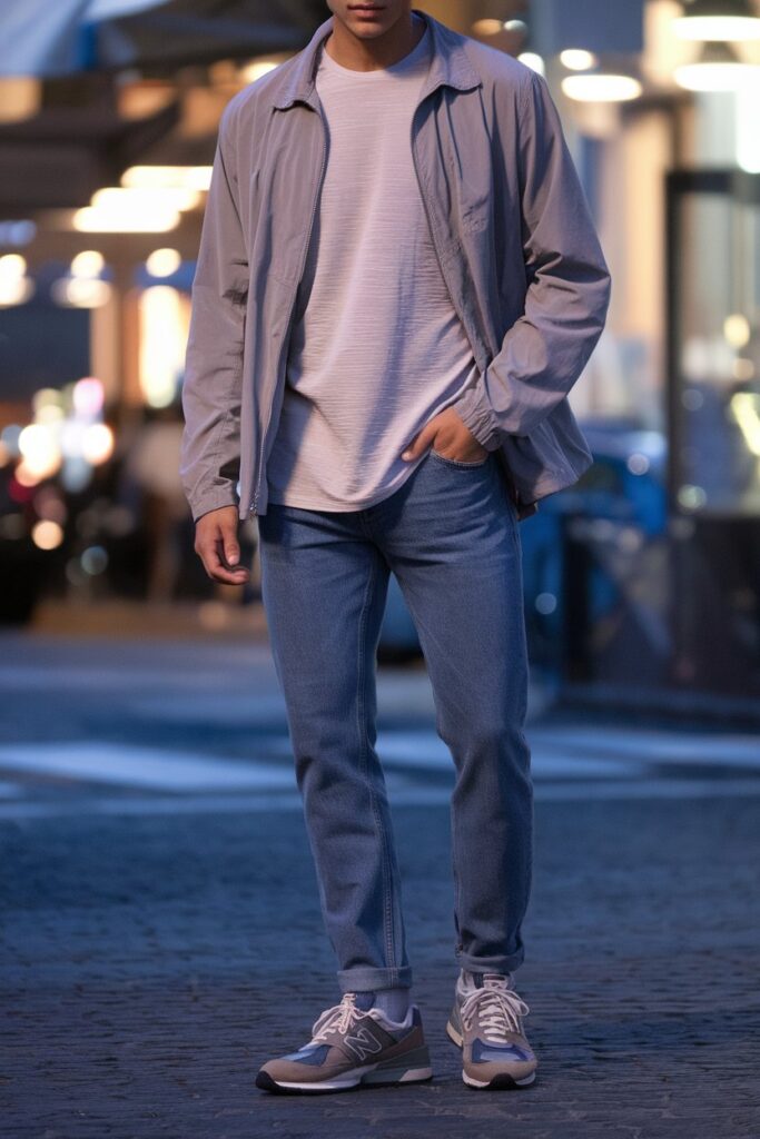 Picture a bustling city street at dusk with a male model dressed in layered clothing—a lightweight long-sleeve shirt under a casual jacket paired with slim-fit jeans.