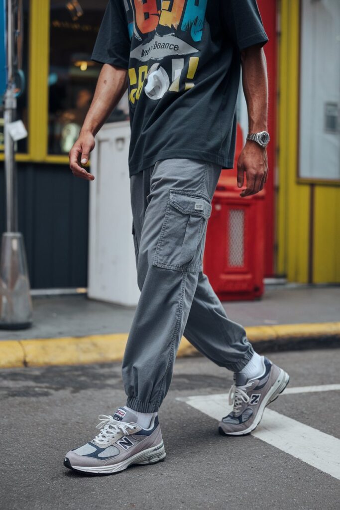 male model wears cargo pants paired with a bold graphic tee and his signature New Balance 9060 sneakers.