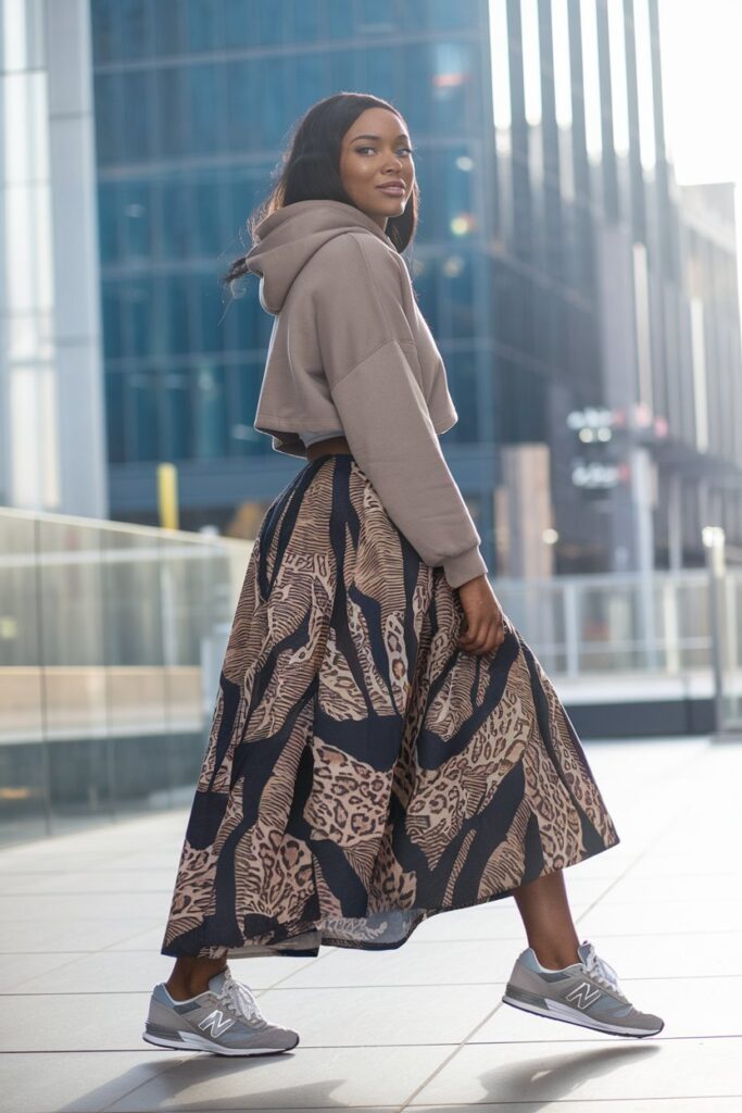 Black woman in a striking, bold print skirt—like leopard or tribal patterns—paired with a cropped hoodie in a neutral color