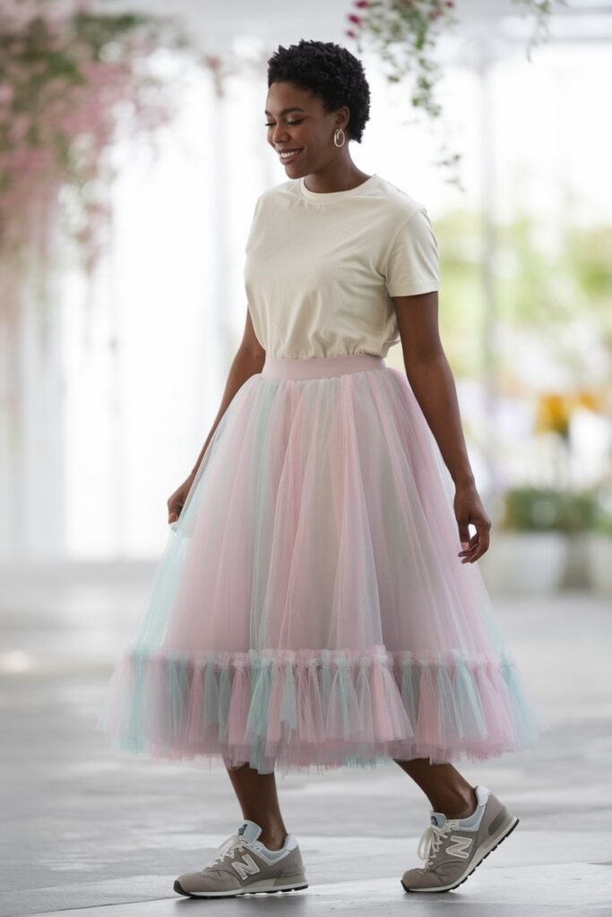 A playful Black woman wearing a soft tulle skirt in a pastel hue, balanced by a plain white or black tee. 