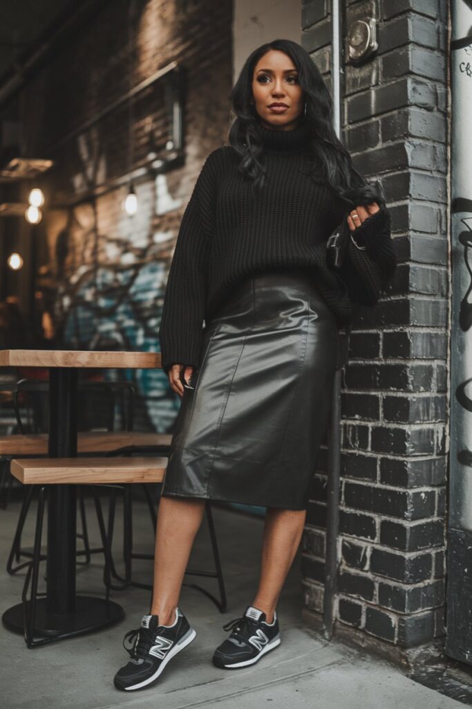 Black woman wearing a knee-length leather skirt and an oversized knit sweater, finished with sleek New Balance sneakers