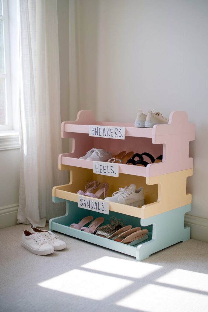 Imagine a bright, airy dressing room featuring a tiered shoe rack painted in soft pastel chalk hues. Each tier is labeled with cute handwritten tags like “Sneakers,” “Heels,” and “Sandals” against a clean white wall.