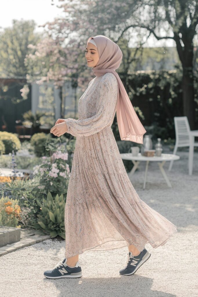 A carefree woman in a flowy, boho-inspired maxi dress paired with classic New Balance sneakers. Her hijab