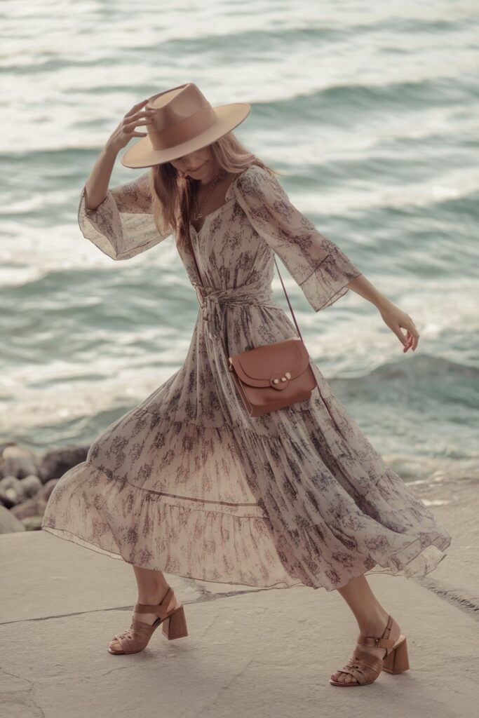 woman in a flowy, bohemian dress paired with retro-inspired sandals, perfect for a sunny beach day.