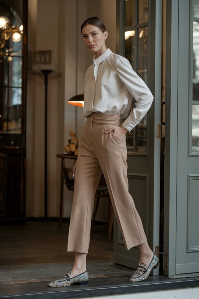 woman in cropped pants and a simple tucked-in blouse, complemented by bold, patterned loafers.