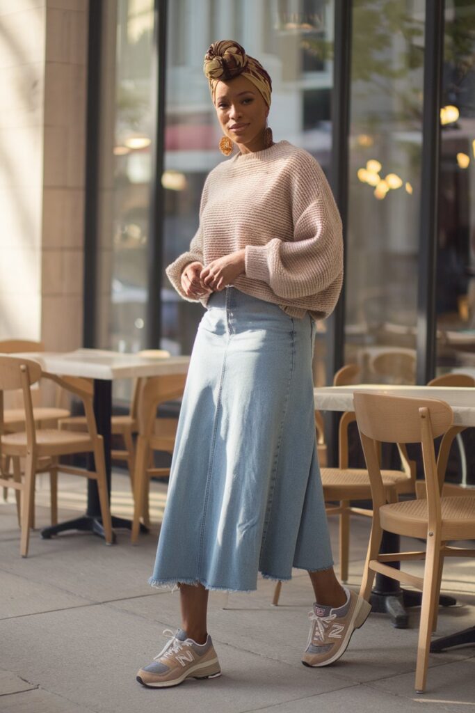 Black woman wearing a knee-length denim skirt paired with a relaxed knit sweater in a warm, neutral tone. 