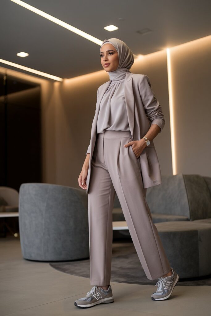 A confident woman in tailored trousers and a lightweight blazer over a modest blouse, paired with New Balance sneakers. Her hijab, in a breathable fabric, is styled neatly to match the ensemble