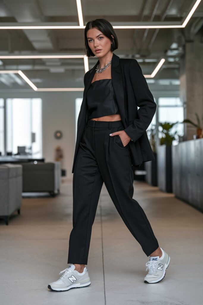  woman in a minimalist, monochrome outfit: black slim-fit trousers and a matching top paired with vibrant white New Balance sneakers