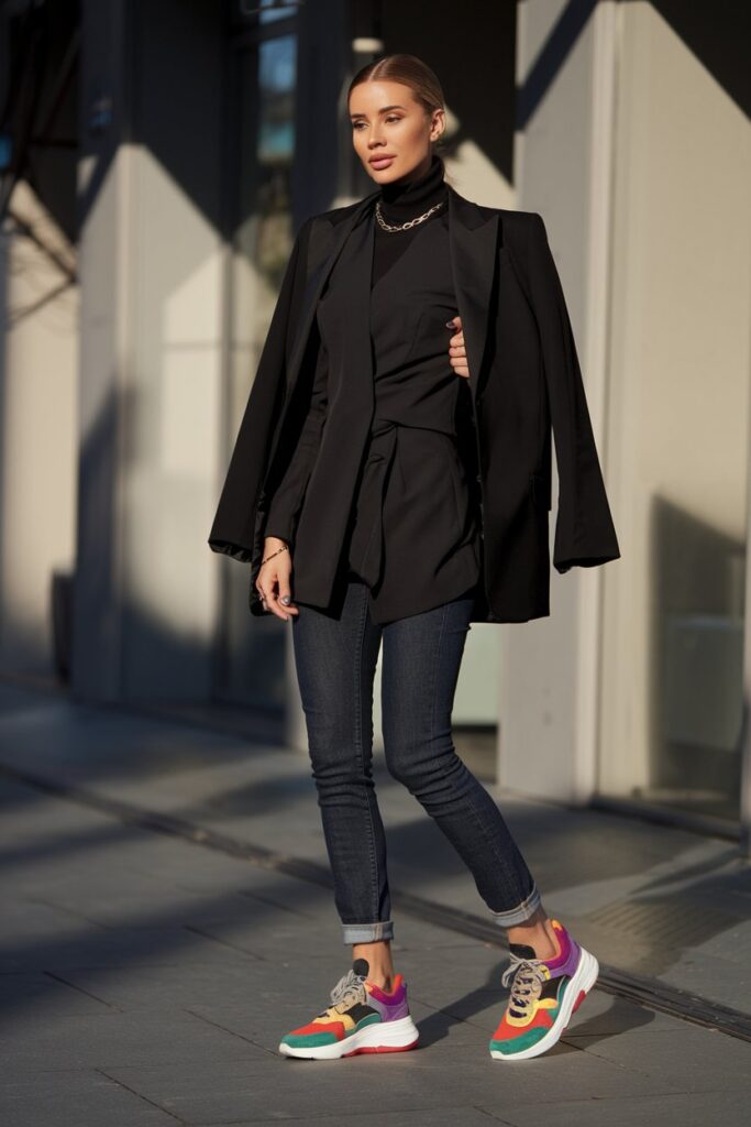 t woman standing on a sunlit urban sidewalk, wearing a sleek all-black ensemble that contrasts sharply with her bright, multi-colored sneakers