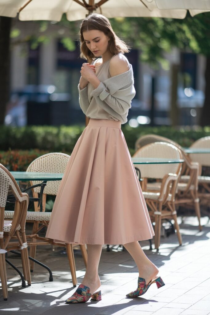 fashion-forward woman dressed in a classic A-line skirt and a simple top, paired with colorful mules