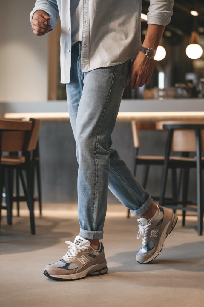 male model in slim-fit jeans and a casual button-up shirt, the sleeves casually rolled up.