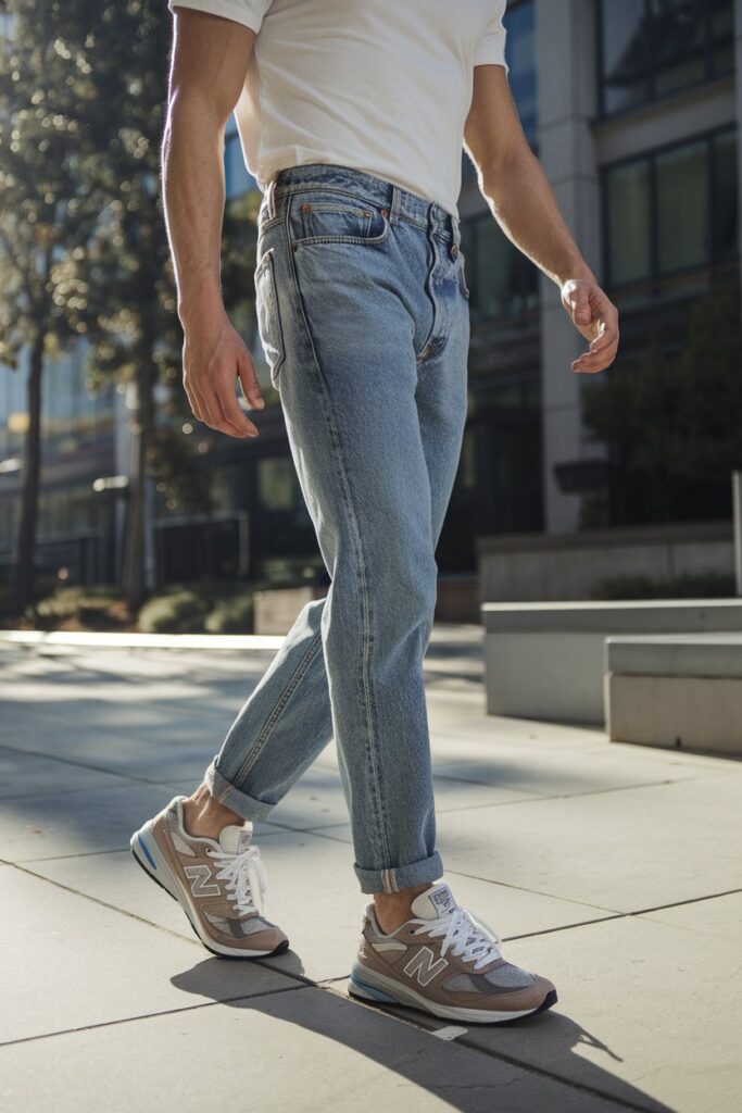 He stands confidently on a sunlit city sidewalk, with his New Balance 9060 sneakers prominently visible as he casually rolls up his jeans.
