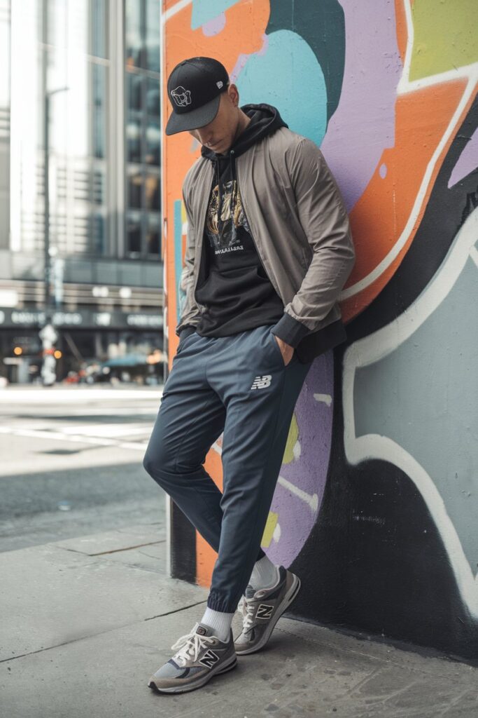 male model rocks tapered joggers and a graphic hoodie. His New Balance 9060 sneakers add an energetic pop of color to the outfit.