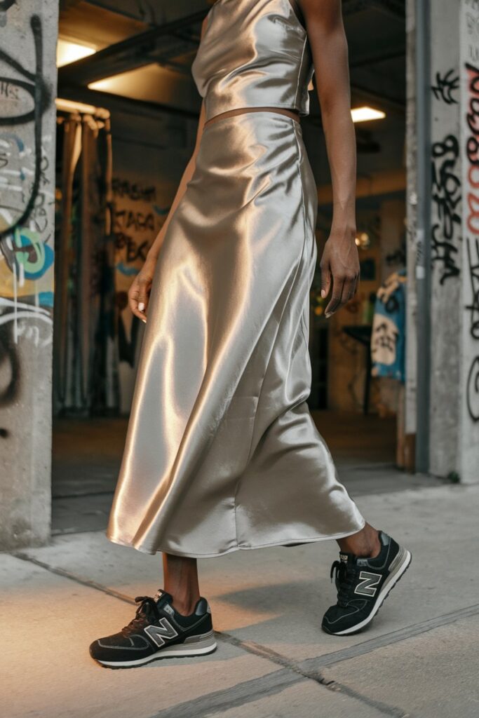 A modern Black woman in a shiny satin slip skirt paired with a modest crop top. She completes the ensemble with black or neutrally colored New Balance sneakers.