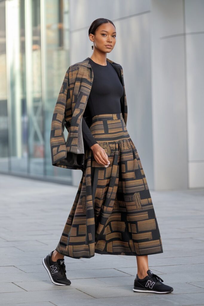  Black woman wearing a bold, patterned skirt and a simple black bodysuit, highlighting her black New Balance sneakers