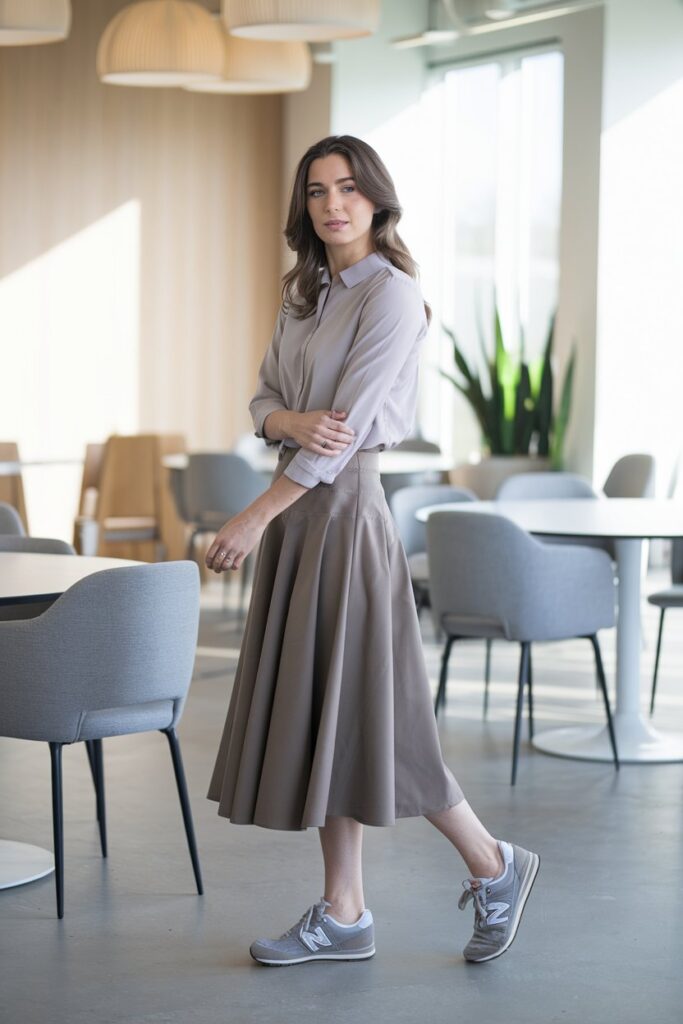 woman in a modest midi skirt and a comfortable blouse paired with New Balance sneakers.